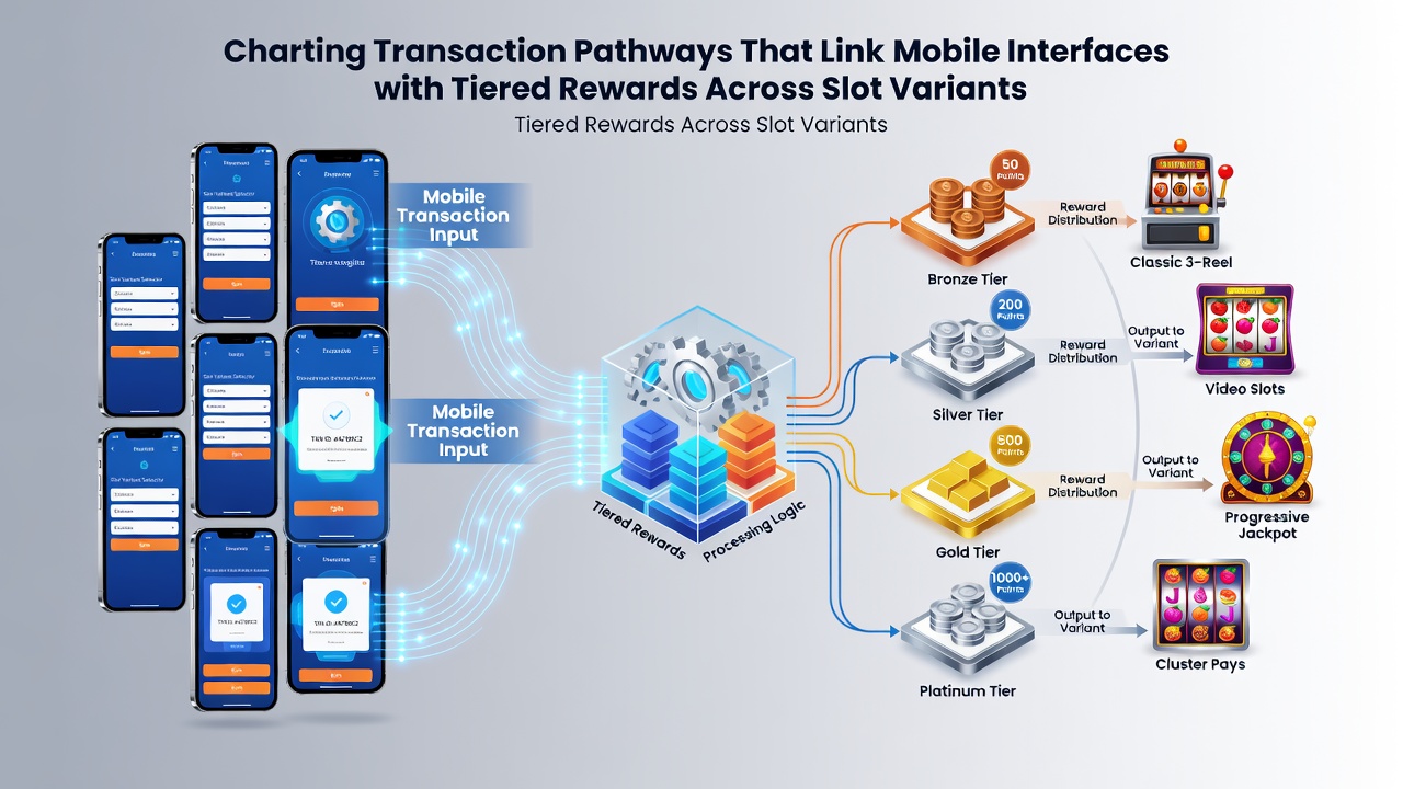 Diagram of transaction pathways connecting mobile rewards tiers to slot and table game formats