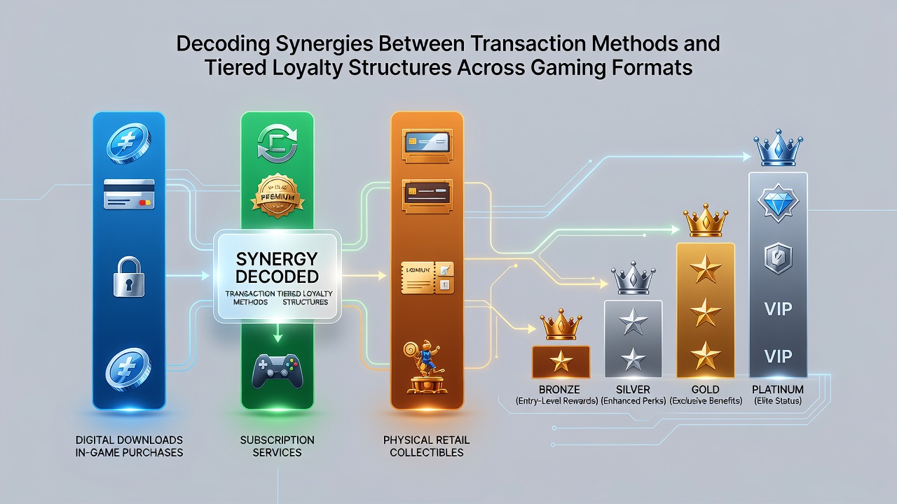 Illustration of tier progression ladders linked to various payment types in gaming platforms