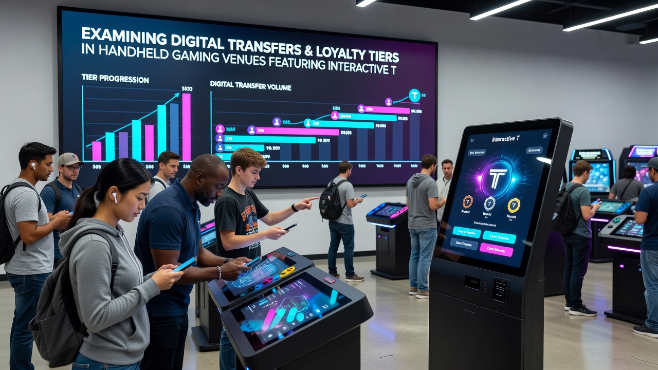 Close-up view of interactive gaming table with multiple handheld devices connected, showing prize pool growth metrics and loyalty tier indicators