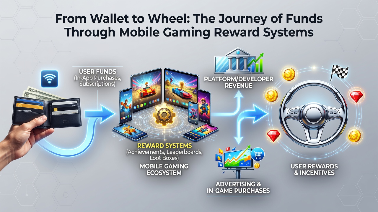 Flow diagram illustrating funds moving from deposit to rewards and back to cashout in mobile games