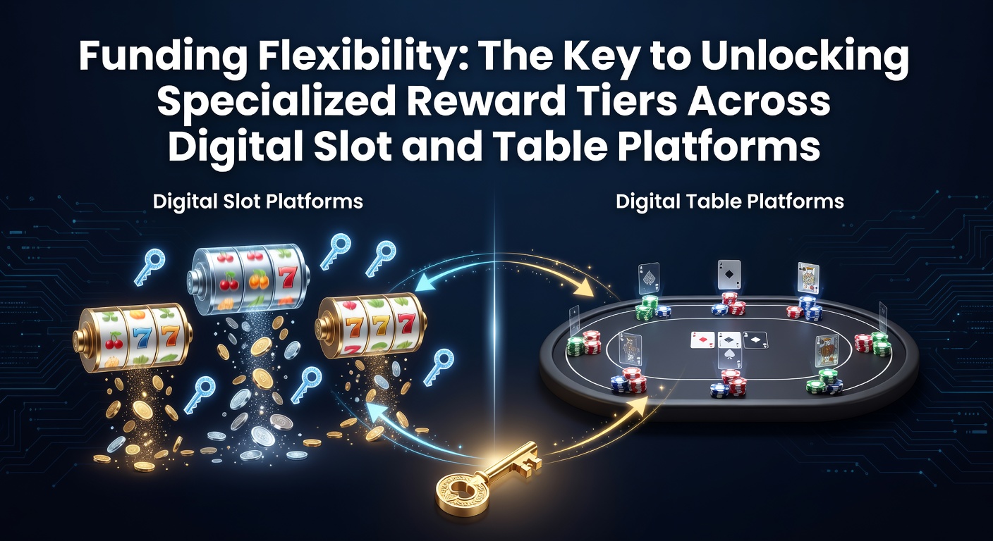 Digital slot and table game interfaces displaying various funding methods and reward progressions