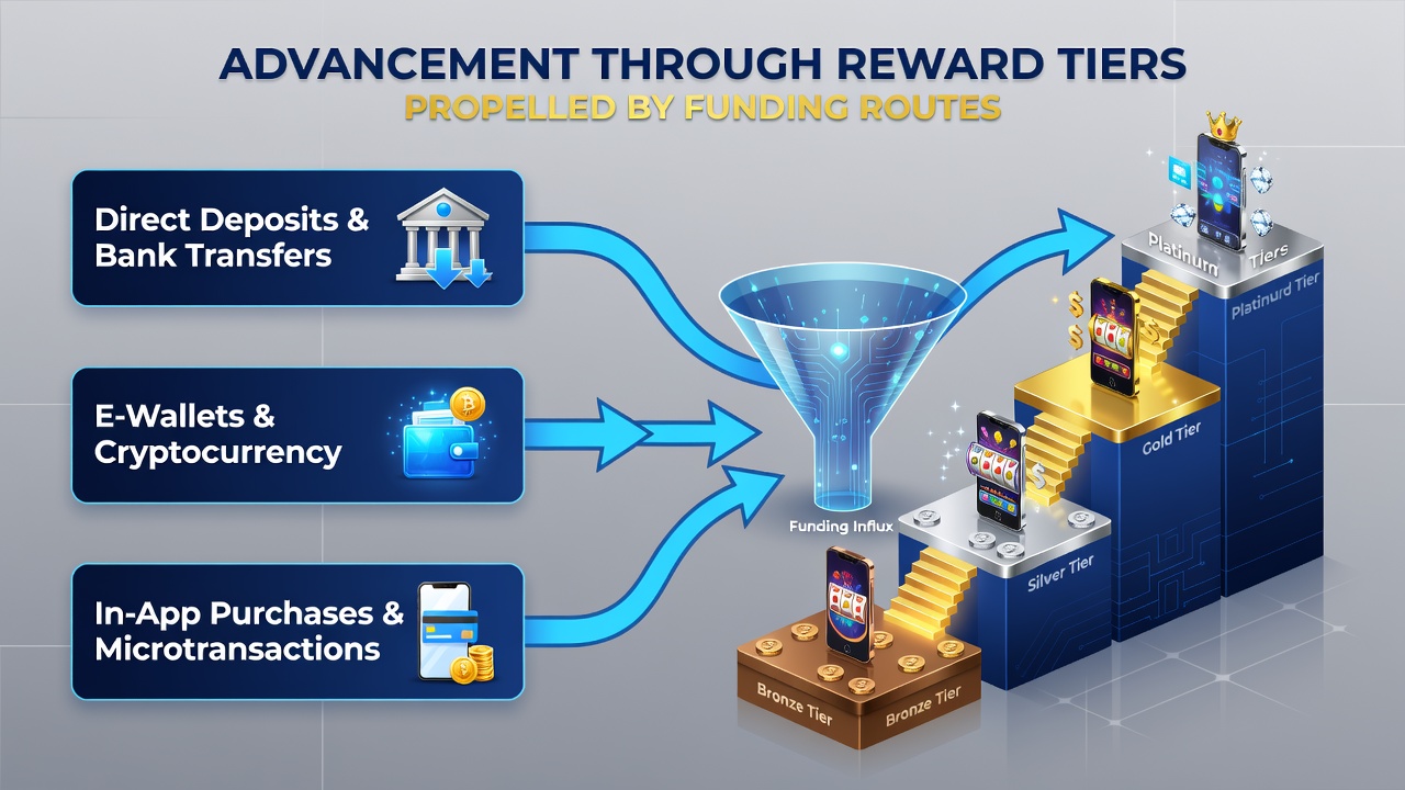 Mobile casino reward tiers dashboard showing advancement levels funded by different payment methods