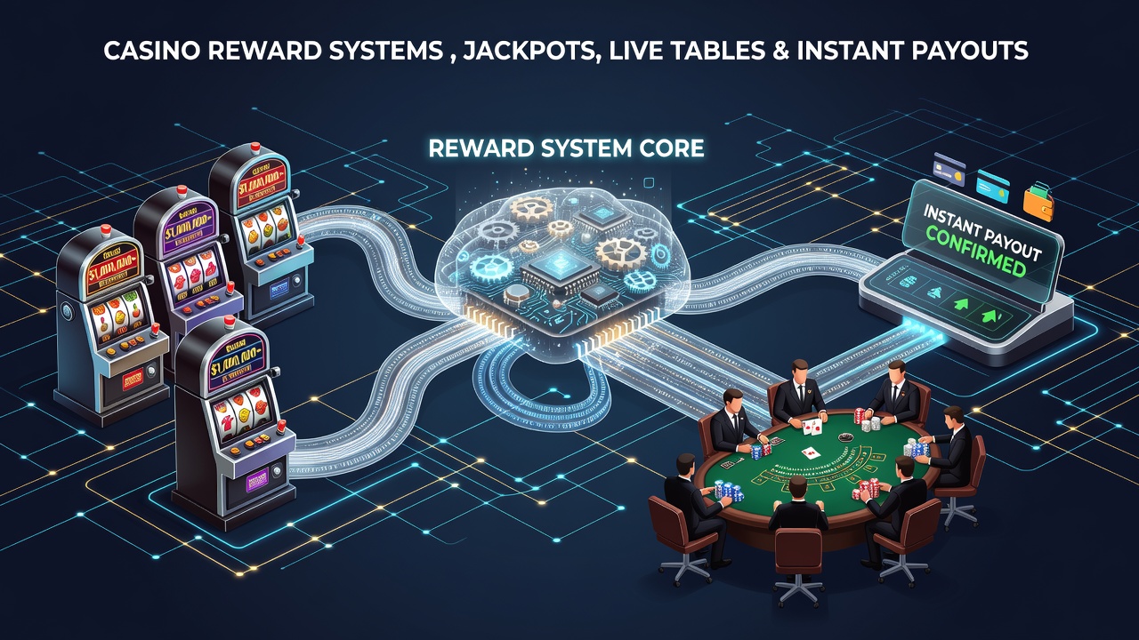 Diagram showing interconnected casino systems with jackpot progressives feeding into live table rewards and instant payout triggers