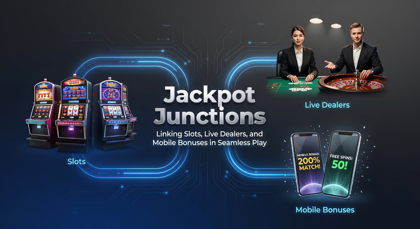 Vibrant digital illustration showing slots, live dealer tables, and mobile bonus icons interconnecting on a casino interface