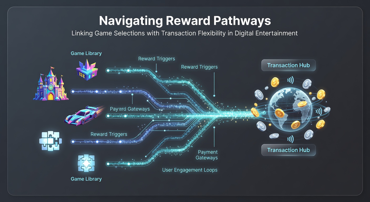 Abstract visualization of reward pathways connecting various digital games to flexible transaction flows