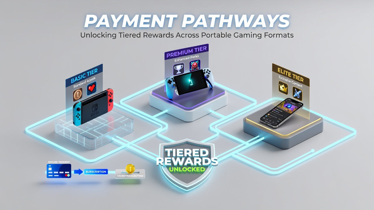 Payment systems integrated with portable gaming devices showing tiered reward structures on mobile and handheld platforms