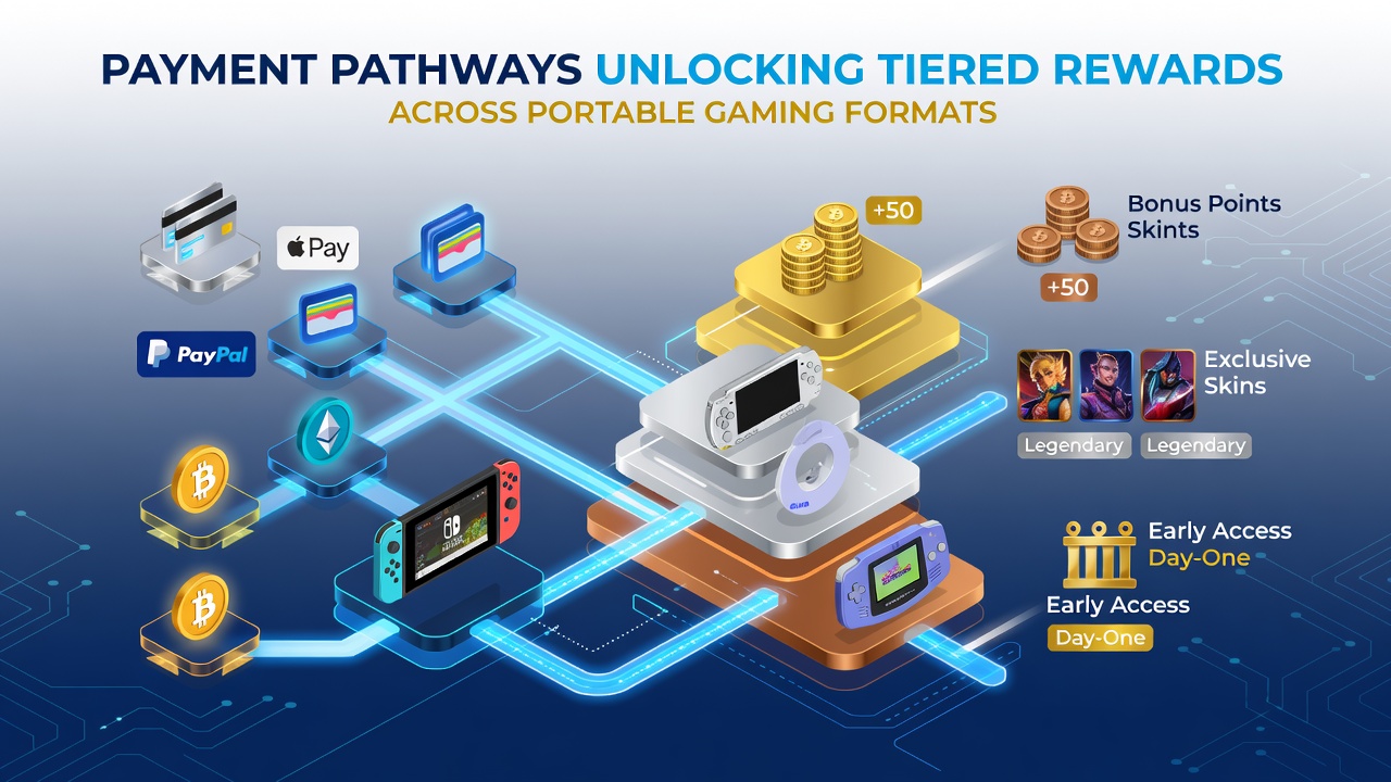 Tiered reward dashboards displayed across multiple portable gaming screens with payment confirmation overlays