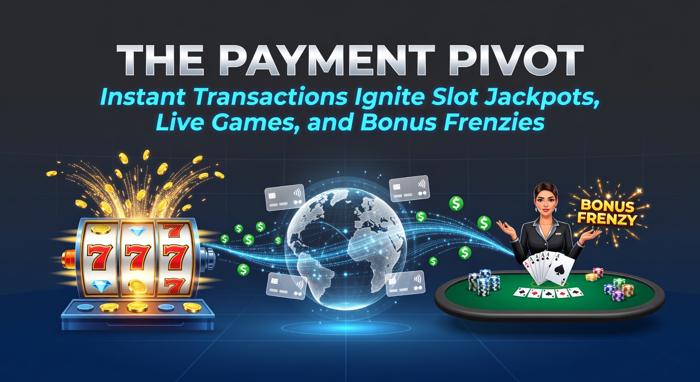 Vibrant digital graphic showing lightning-fast payment icons exploding into colorful slot reels, live dealer tables, and cascading bonus coins in an online casino environment