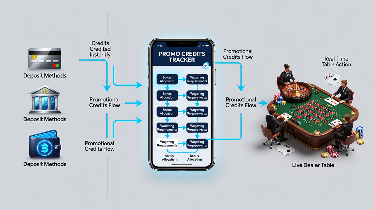 Live dealer table view on a smartphone with promotional credit balance overlay